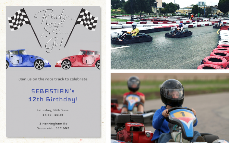 Outdoor birthday parties - go karting outdoor venues and our matching invitation.