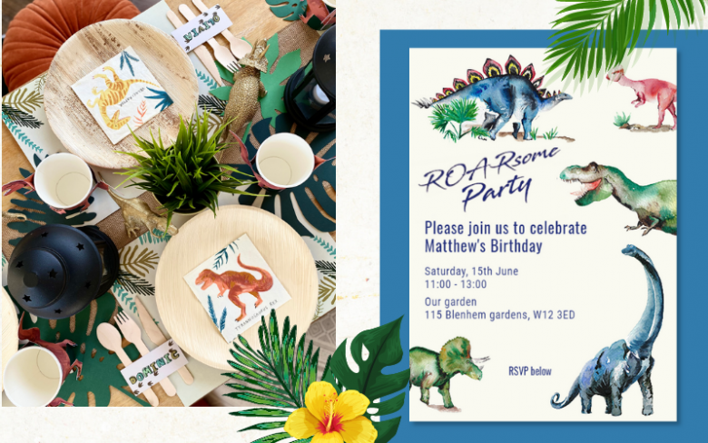 A dinosaur picnic set under the tent with matching  Kindergifts invitations.